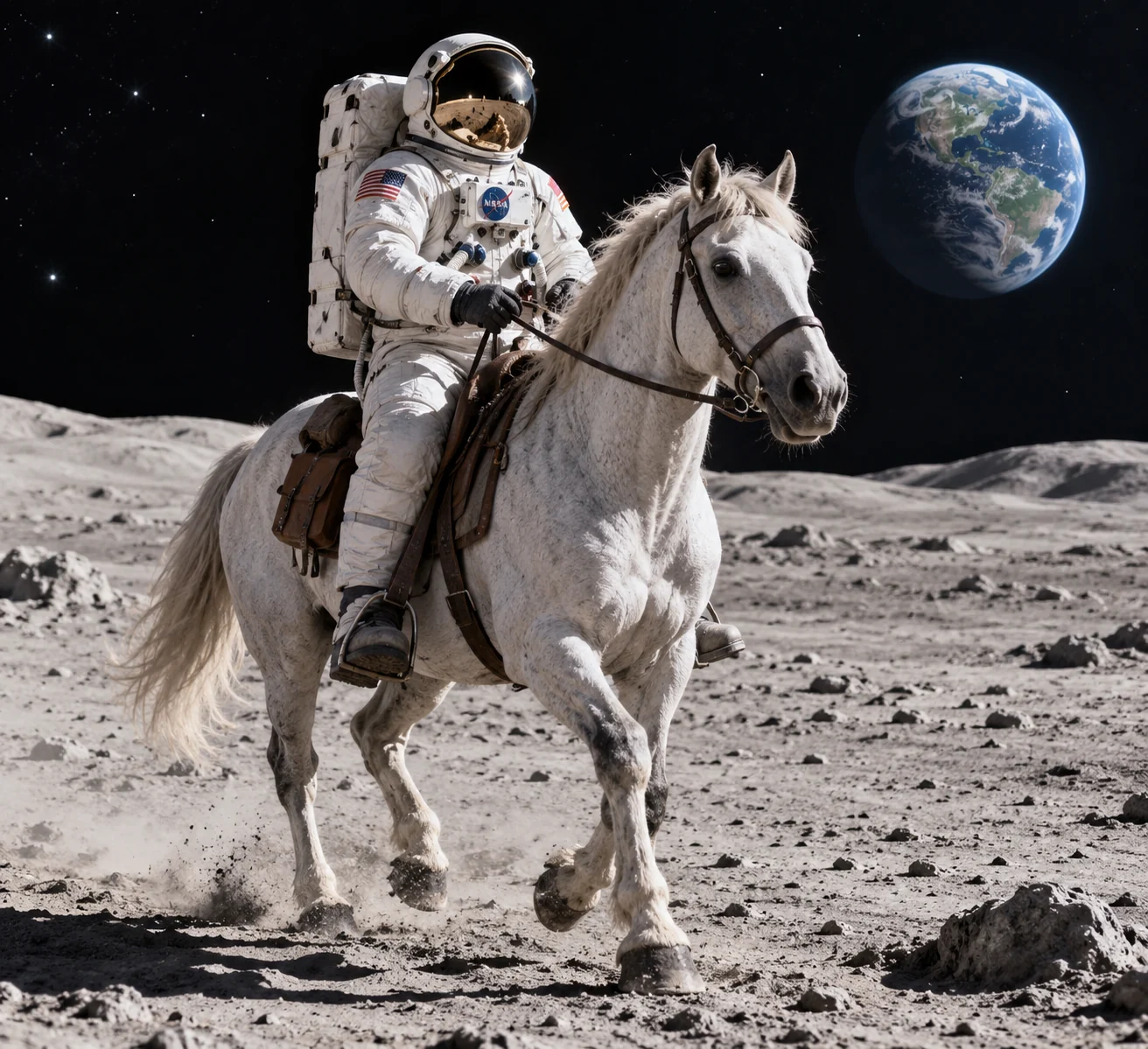 An astronaut riding a white horse on the moon, with Earth in the background
